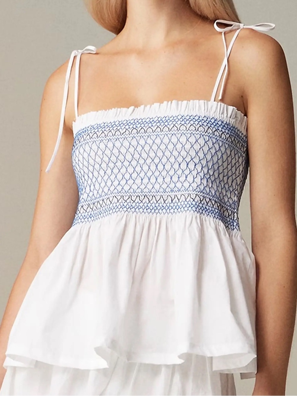 J. Crew| ‘Paloma’ White & Blue 100% Cotton Spaghetti Strap Smocked Blouse Sz M